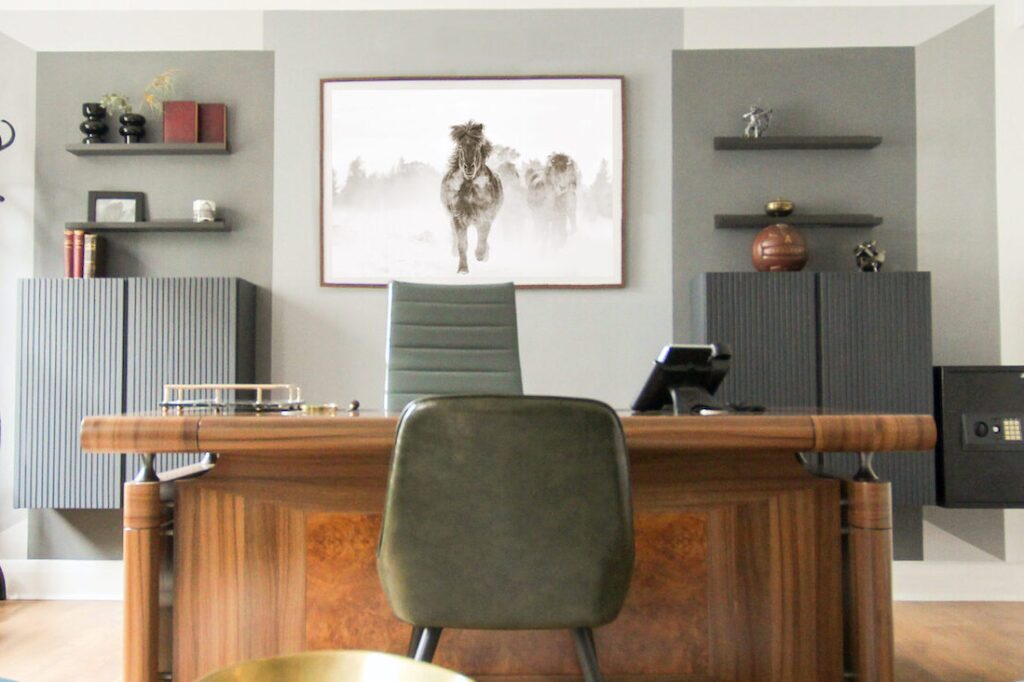 Museum-quality 'Magical' equine wall art bringing a sophisticated winter fashion editorial aesthetic to a modern executive office.