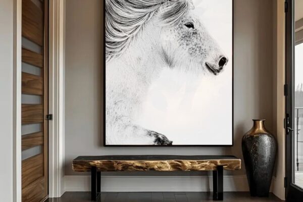 Framed 'White Wash' white horse portrait elevating a luxury home with deep textures and a high-fashion editorial feel.