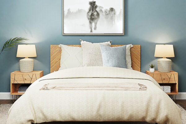 Black and white horse print in bedroom