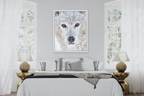 white wolf photography print in bedroom
