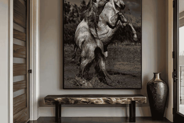 Museum-quality 'Heaven Is On Earth' horse wall art bringing a powerful and sophisticated editorial aesthetic to a modern professional office.