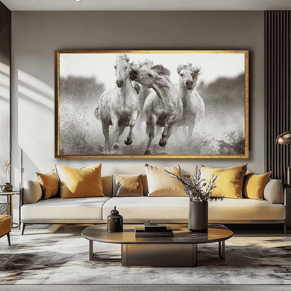 Museum-quality 'Integrity' equine art, bringing a sophisticated fashion editorial aesthetic to a modern professional workspace.
