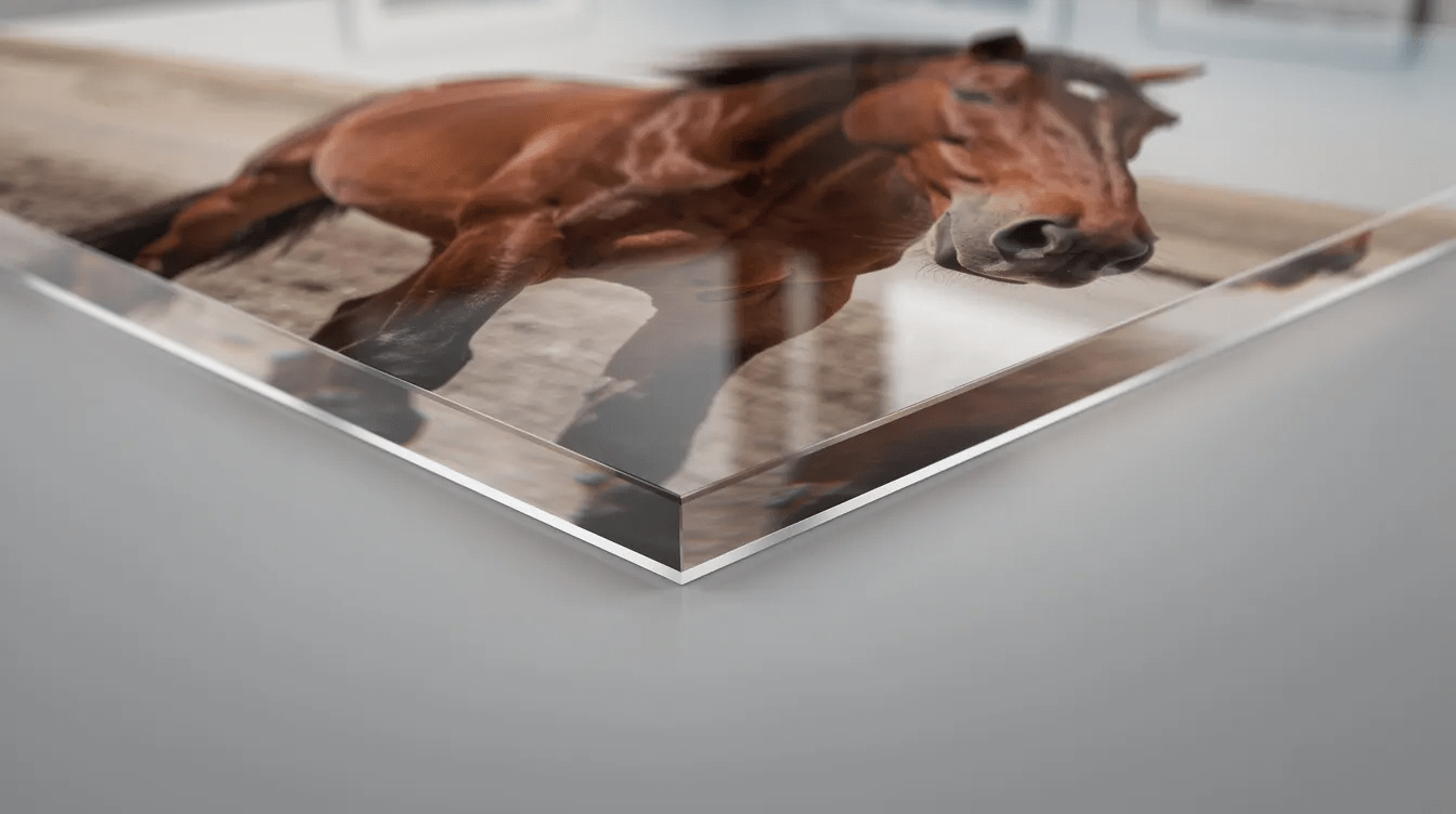 This close-up detail of a fine art horse photograph captures the exceptional clarity and depth of wild horses, showcasing their untamed beauty and elegance. The acrylic face-mounted print enhances the visual impact, making it a striking statement piece for modern interiors or gallery walls.