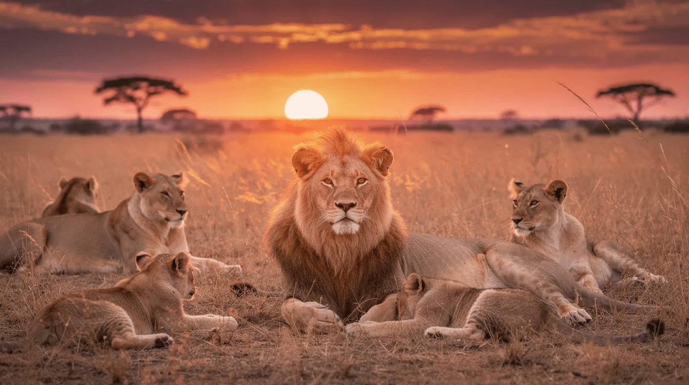 A vibrant color photograph captures a group of lions resting on the golden savanna grass during a breathtaking sunset, showcasing the rich hues of the sky and the warm tones of the landscape. The image conveys a serene atmosphere, highlighting the beauty of nature and the peaceful moment in the lives of these majestic animals.