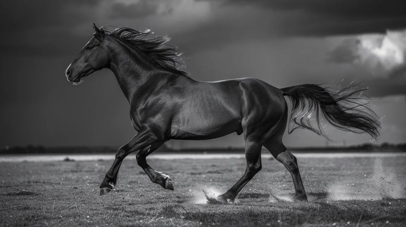 A dramatic black and white photograph captures a horse mid-stride, its flowing mane creating a sense of movement and emotion. The contrast between light and shadow enhances the fine art quality of this powerful image, making it a striking piece for any gallery wall.