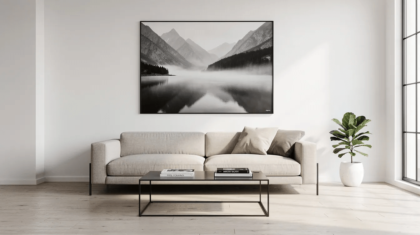 A modern minimalist living room features a low beige sofa beneath a large black and white landscape photograph, creating a striking contrast that enhances the neutral interiors. The black and white art piece serves as a focal point, adding depth and emotion to the space while emphasizing the clean lines and simplicity of the design.