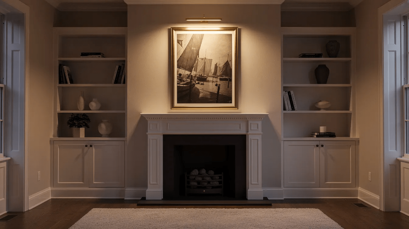 The image depicts a cozy interior room featuring a fireplace, with strategically placed lighting illuminating a gallery wall of framed artwork above it. The contrast between the artwork and the neutral interiors creates a warm atmosphere, showcasing both color photographs and black and white pieces that enhance the visual language of the space.