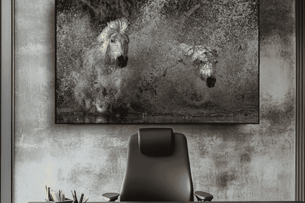 Large-format 'Breakthrough' horse print styled as a bold, cinematic statement piece in a luxury modern industrial living room.