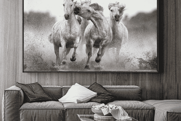 Large-format 'Integrity' white horse print by Ejaz Khan, styled as a sculptural fashion statement in a luxury monochrome living room.