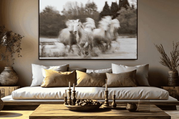Whispering Whites white horse fine art photography displayed in a refined interior space