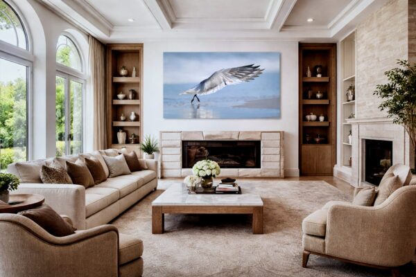 Royal tern fine art photography displayed above a fireplace in a living room interior