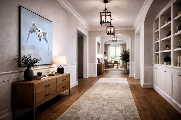 Royal tern fine art photography displayed as wall art in a hallway interior