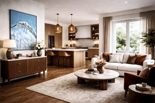 Royal tern fine art photography displayed as wall art in a modern living room interior