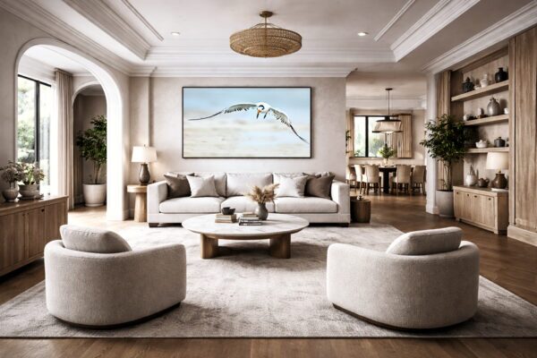 Royal tern fine art photography displayed as wall art in an open plan living room interior