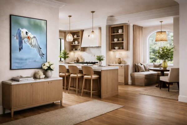 Royal tern fine art photography displayed as wall art in a living room interior