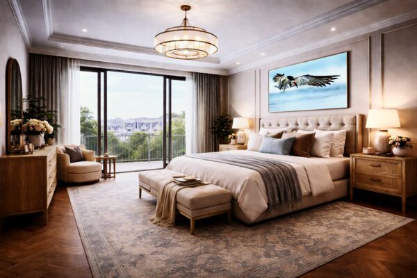 Skimmer bird fine art photography displayed as wall art in a bedroom interior