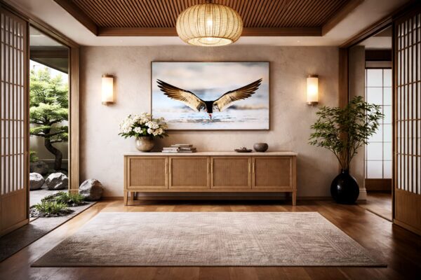 Skimmer bird fine art photography displayed as wall art in an entryway interior
