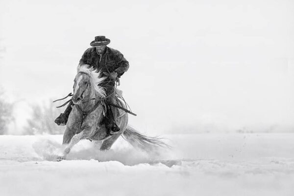 cowboy turning horse in snow black and white fine art photography