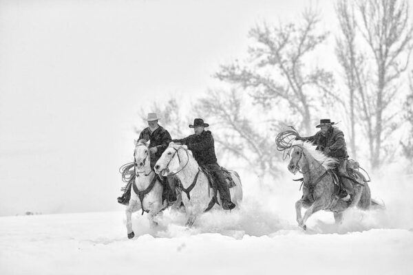 cowboys riding horses together in snow black and white fine art photography