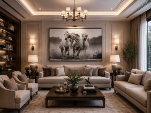 Horses running in water in the living room